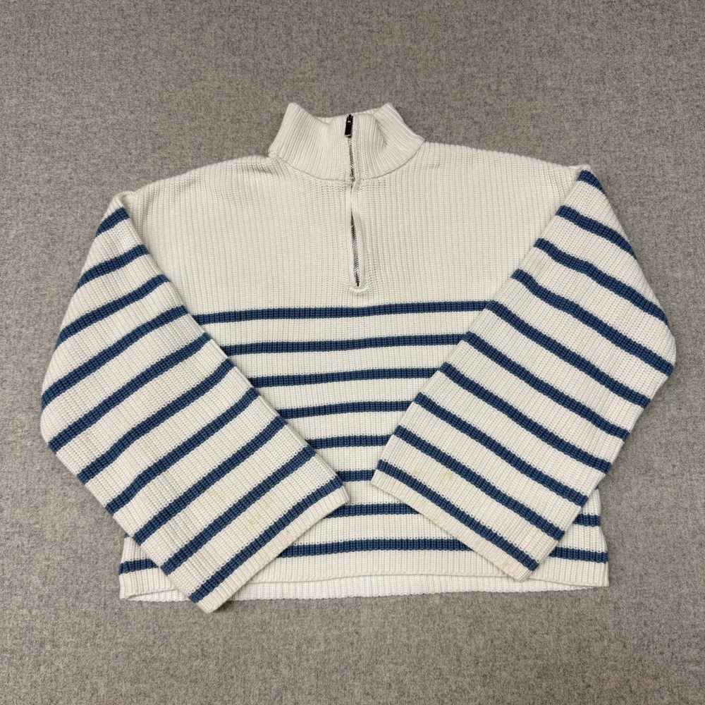 Unbranded Striped Quarter Zip Sweater OS Cream Blue Wide Sleeve Nautical Ribbed